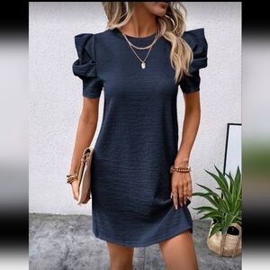 Elegant Navy Blue Puff Sleeve Dress